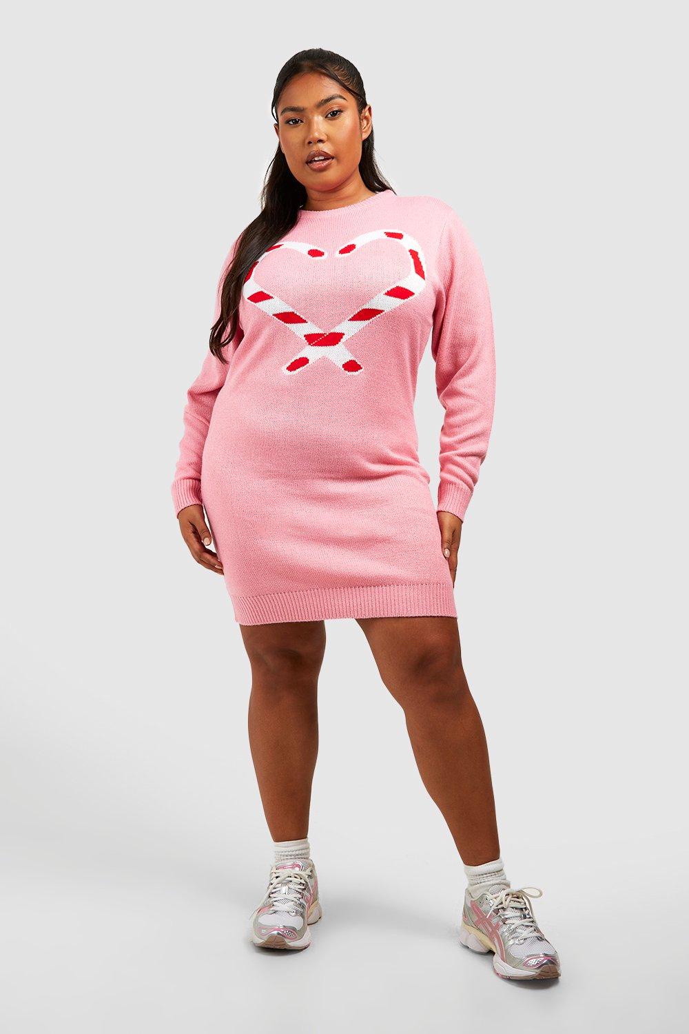 Boohoo Women s Plus Candy Cane Heart Christmas Jumper Dress Pink